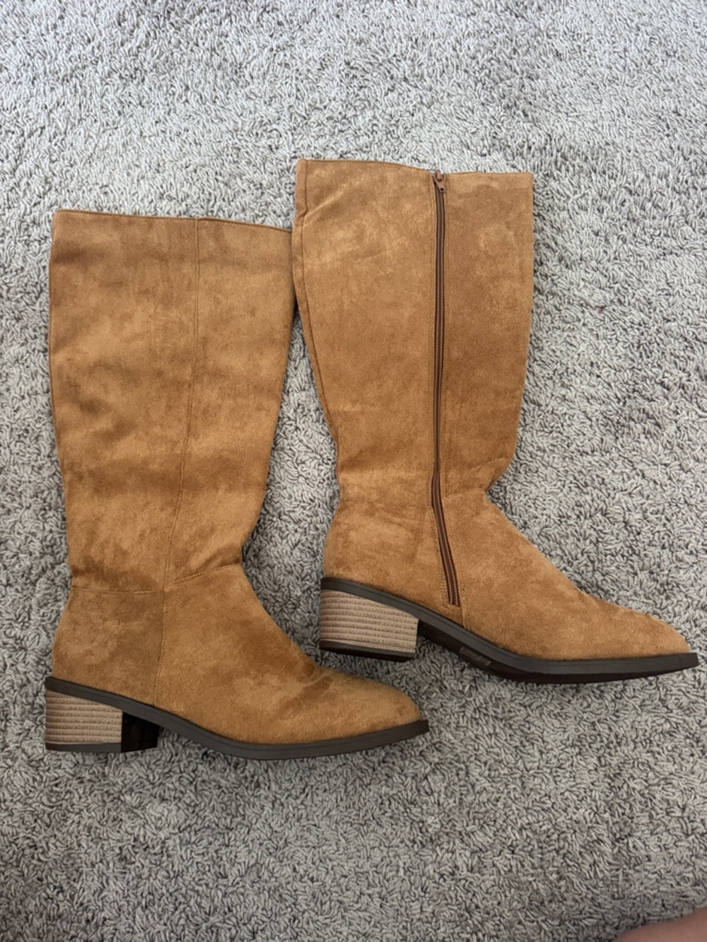 Women's Tan Suede Mid-Calf Block Heel Boots with Side Zip